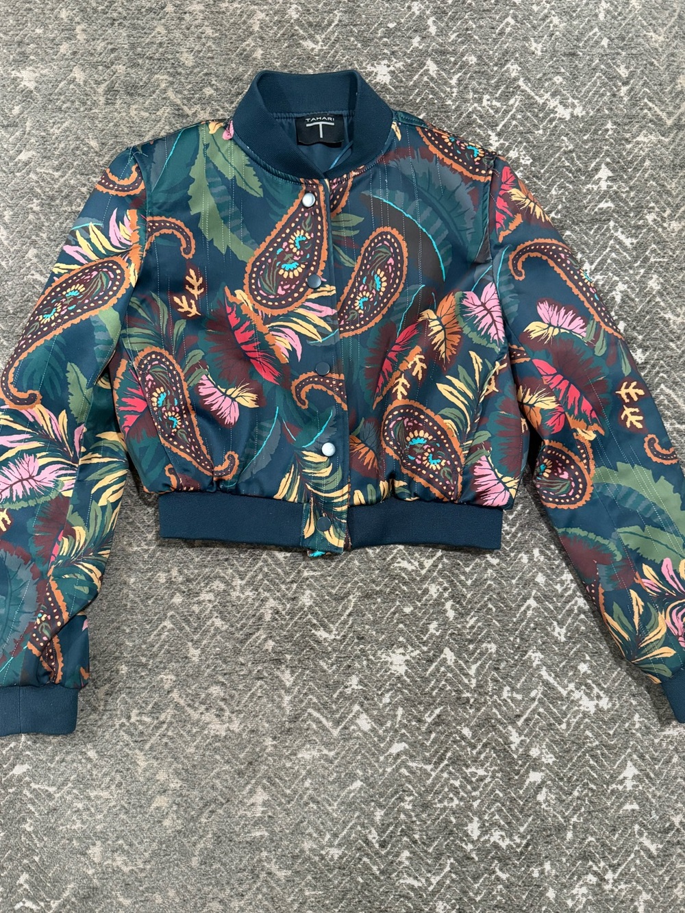 Tahari XS Teal Paisley Floral Quilted Bomber Jacket Snap Front